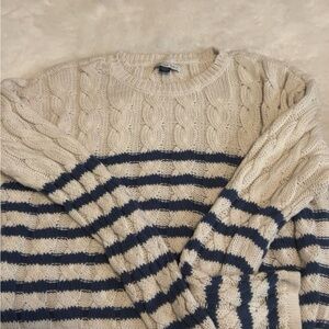 American Eagle Outfitters Women's Cream and Navy Striped Sweater